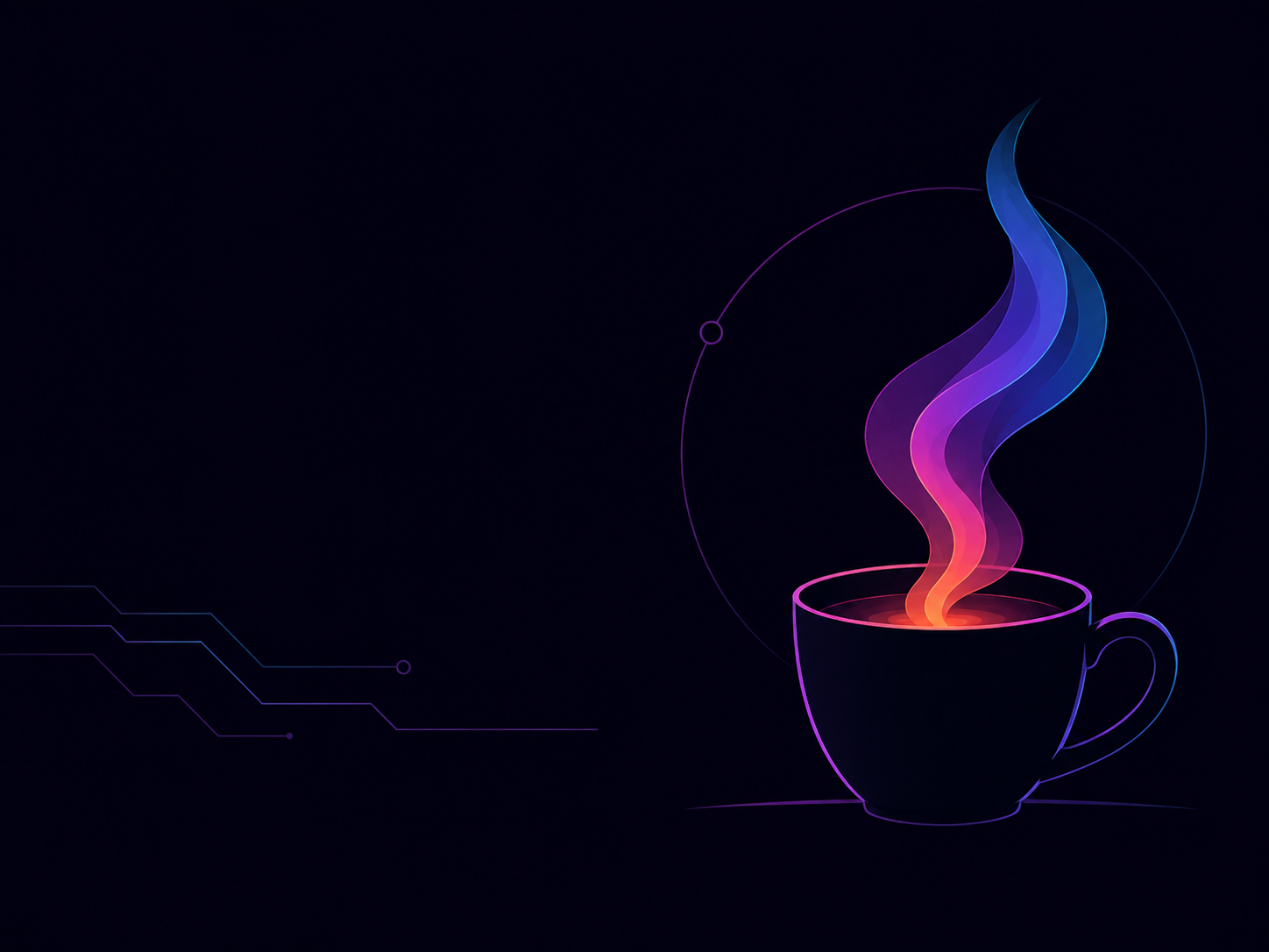 A dark coffee cup lit by cyan, violet, fuchsia, and foxfire-orange light.