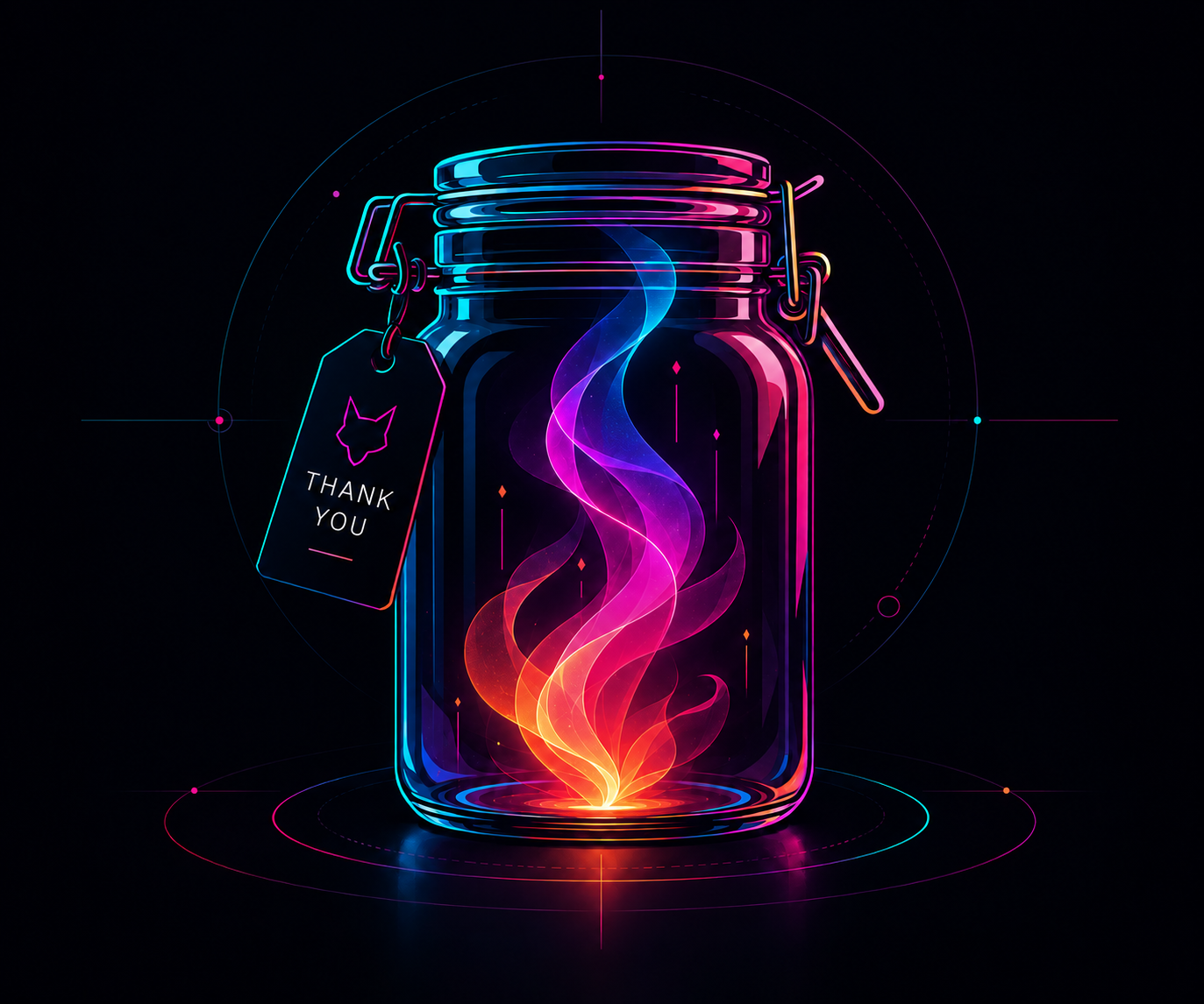 A glass tip jar containing glowing cyan, violet, fuchsia, and foxfire wisps.